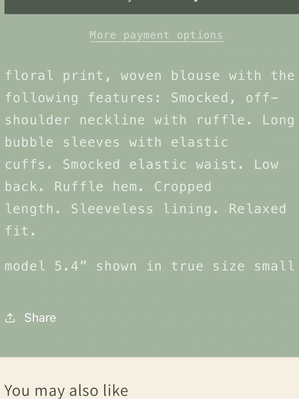 Promesa Floral Off Shoulder Crop Top. Size S - Picture 5 of 5